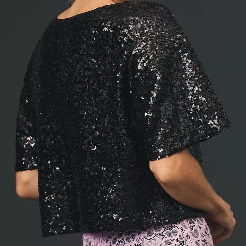 Anthropologie Sequin Embellished Short Sleeve Black Noir Crop Top XS NWT - Picture 2 of 7